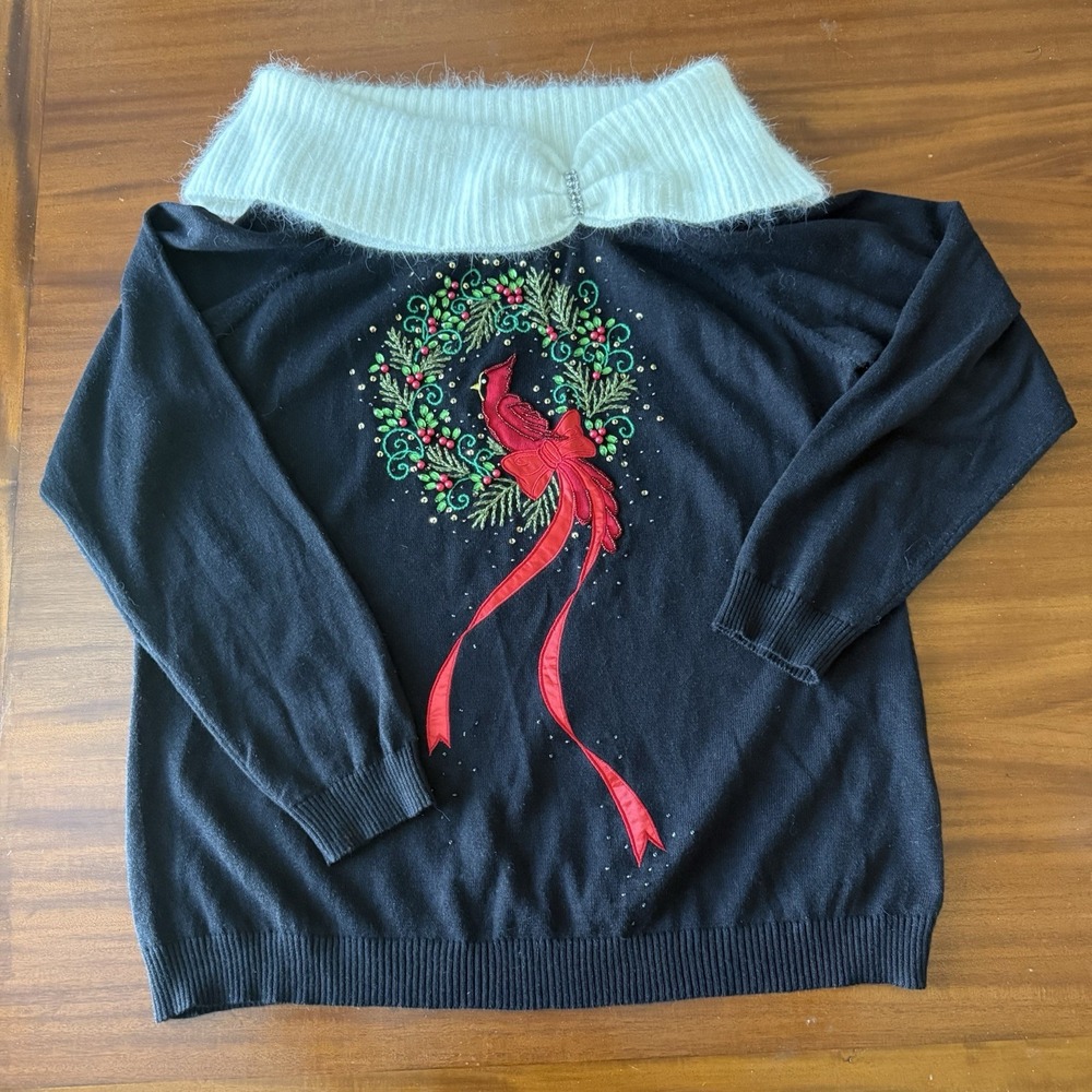 Vintage Jack B. Quick XL Christmas Cardinal Sweater Angora Collar Beaded Embroid